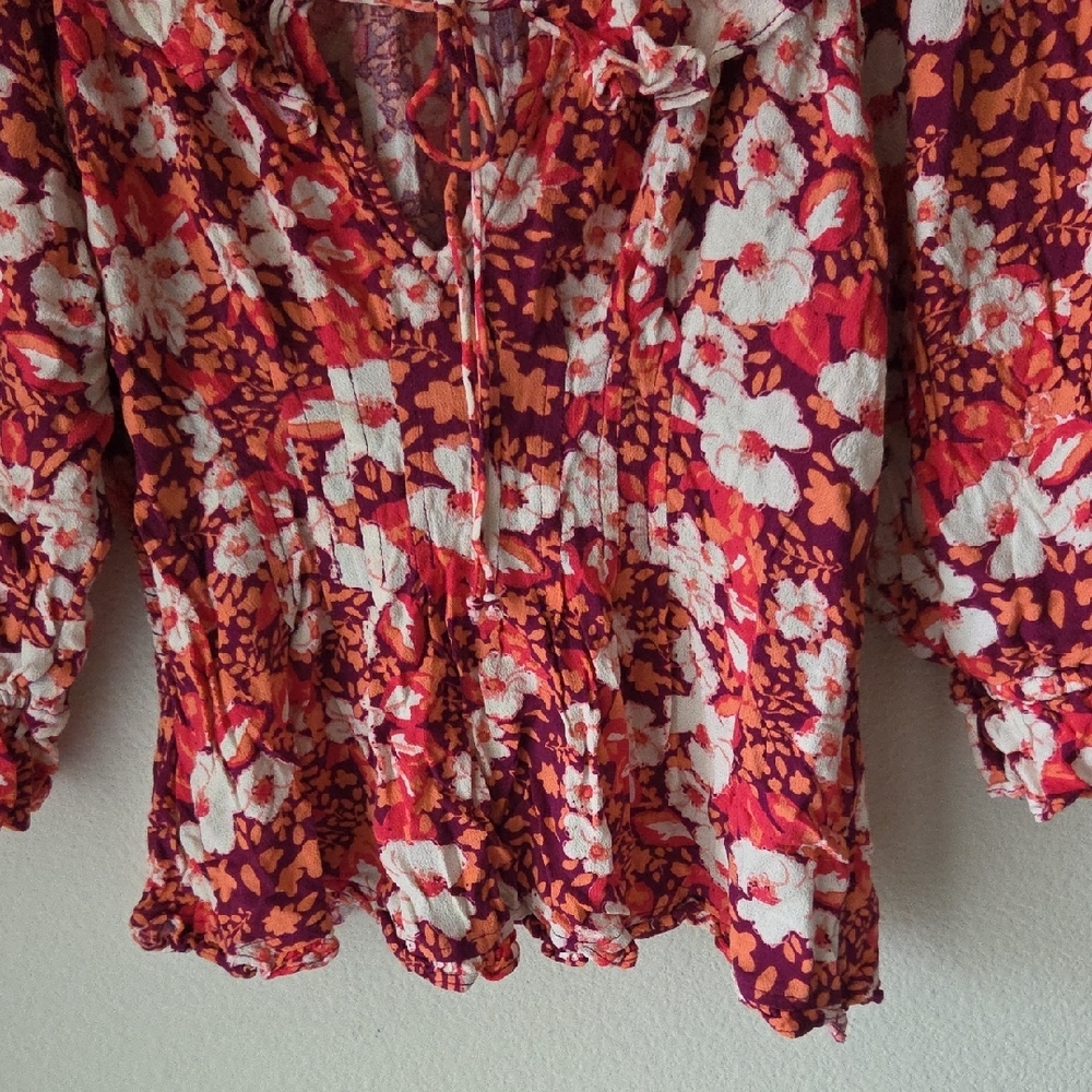 FREE PEOPLE Sweet Memories Pink Multi Floral Print Ruffled Blouse Sz M Boho - Picture 9 of 16